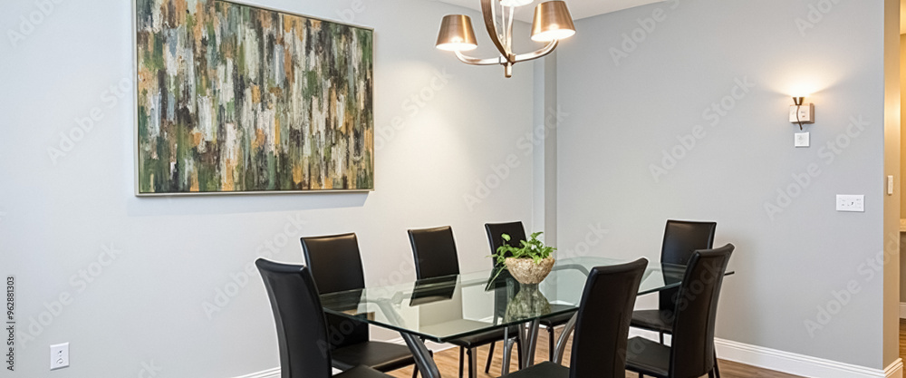 Poster Modern dining room with glass table and black chairs