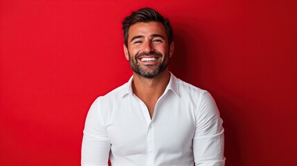 Adult man wearing white shirt standing and smiling friendly looking at camera on red background