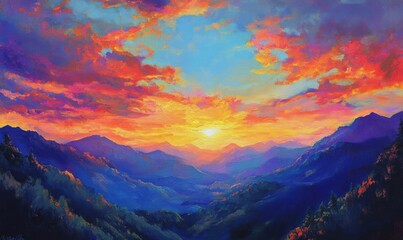 Oil painting depicting a sunset over mountains showcasing vibrant colors and tranquil scenery
