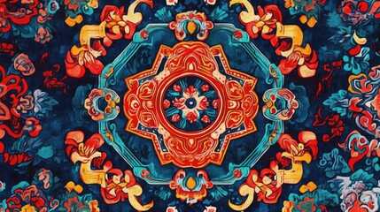 A high-resolution digital rendering of a Vietnamese fabric pattern featuring abstract geometric shapes and traditional symbols in bright reds and blues, perfect for dynamic textile designs.