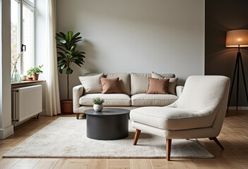 Modern living room with white sofa, armchair and coffee table