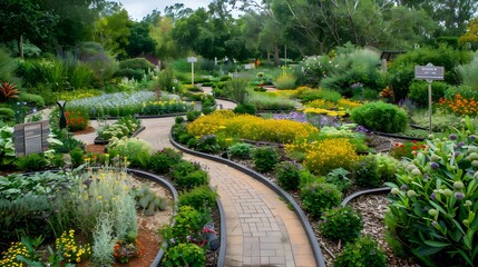 Serene Garden Path with Blooming Flowers and Lush Greenery