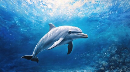 Obraz premium Oil painting depicting a solitary Bottlenose dolphin underwater in a blue ocean setting showcasing the beauty of marine life