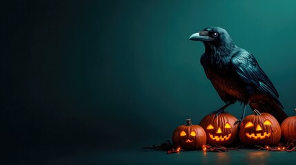 Fototapeta premium Black Raven or crow before a solid dark teal colored background with glowing halloween pumpkins.