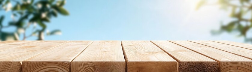 Empty wooden table with blurred background of trees and blue sky.