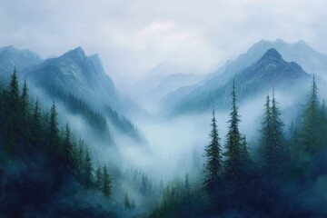 Obraz premium Oil painting depicting a foggy mountain landscape with trees and mist enveloping the peaks