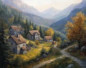 Oil painting depicting a quaint historic village set in mountainous terrain