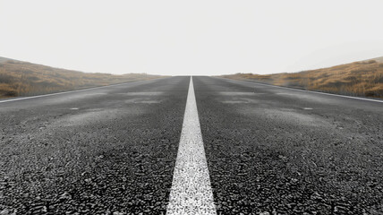 A foggy road stretches into distance, creating sense of mystery and solitude. asphalt surface is worn, flanked by dry grass on either side.
