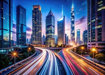 Obraz premium futuristic neon-lit cityscape at dusk with sleek skyscrapers and up arrows formed by light trails from speeding cars and buses
