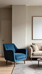 Modern living room with blue armchair, beige sofa and wooden coffee table
