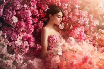 Stunning woman lies amidst pink flowers, dressed in matching dress. Holds bouquet, gazing downwards. High-end fashion elegance, beauty. Exudes grace, serenity for perfume, fragrance advertising.