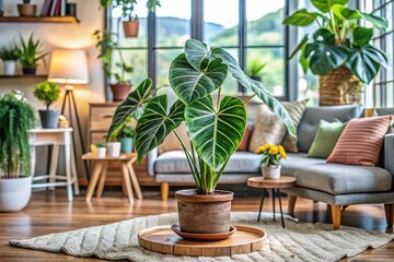 A large Alocasia Frydek plant in a terracotta pot placed in a bright, stylish living room with modern Bohemian decor and natural light flooding the space.