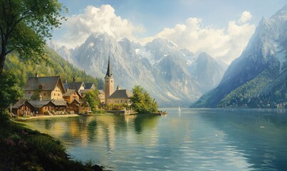 Oil painting depicting a tranquil lakeside village surrounded by mountains
