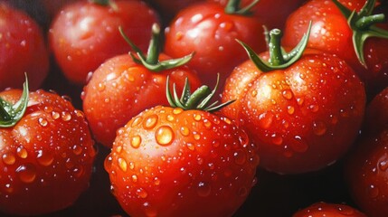 Oil painting depicting cherry tomatoes with water droplets showcasing vegetable gardening and the beauty of natural moisture