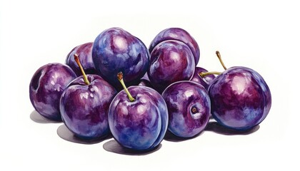 Oil painting depicting a set of plums isolated on a white background