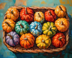 Vibrant oil painting of colorful decorative mini pumpkins arranged in a basket captured from a flat lay perspective