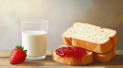 Oil painting of white bread with strawberry jam on a table alongside a glass of milk featuring a light wooden backdrop and ample copy space ideal for breakfast themes