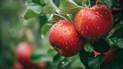 Two red apples with water droplets on them hanging from a tree branch with green leaves.
