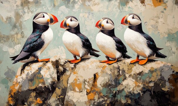 Oil painting depicting Puffins showcasing these charming seabird species in a vibrant artistic representation