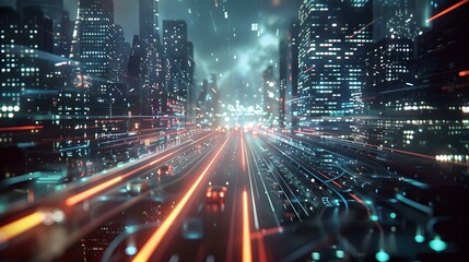 Fototapeta premium Futuristic Cityscape at Night with Glowing Lights and Traffic