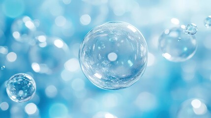 A closeup of sparkling bubble and a blurred background with glittering blue spots.