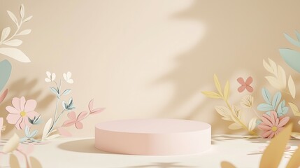 A pastel-colored papercraft podium surrounded by delicate floral paper cut-outs, set against a light beige backdrop with soft shadows