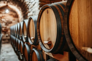 Aging wine barrels in rustic stone cellar