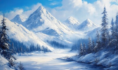 Oil painting depicting a winter mountain landscape with serene snowy scenery and majestic peaks
