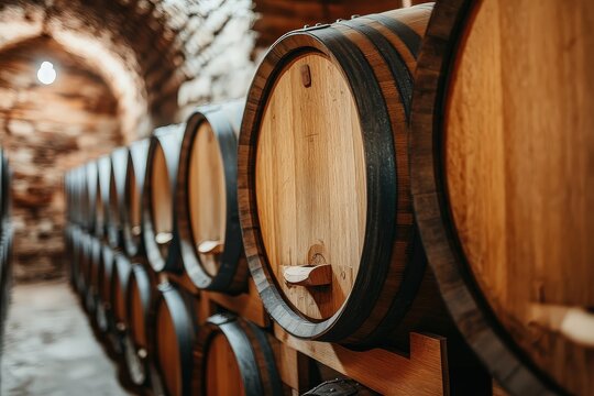Aging wine barrels in rustic stone cellar