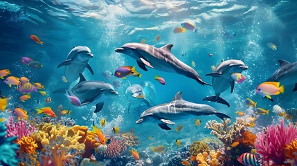 Fototapeta premium Dolphins Swimming in a Vibrant Coral Reef