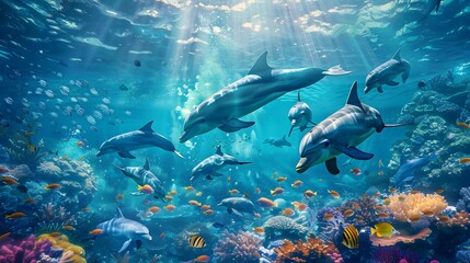 Fototapeta premium Dolphins Swimming Through a Vibrant Coral Reef