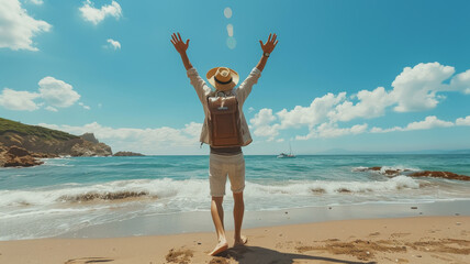 A man with backpack enjoys sunny beach day, raising his arms in celebration against beautiful ocean backdrop.