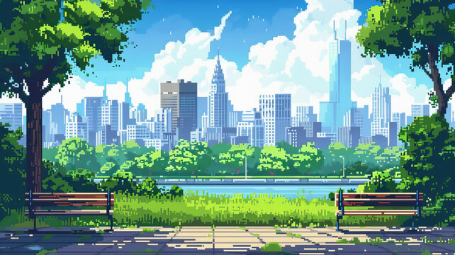 A vibrant pixel art city park scene featuring benches, lush greenery, and skyline with tall buildings under bright blue sky.