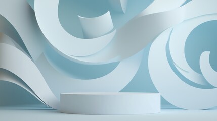 Fototapeta premium A minimalist white papercraft podium with subtle texture, placed against a pale blue backdrop with abstract paper swirls