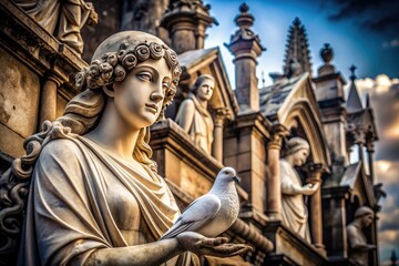 Fototapeta premium ancient mystical stone statuesque spirit dove perched dramatic strong architectural grandeur hauntingly beautiful mysterious gloomy cinematic