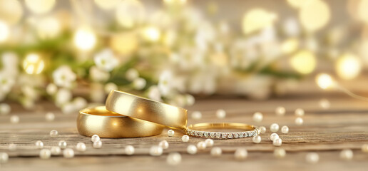 Two gold wedding bands, one with diamonds, on a wooden surface with white flowers and lights in the background.