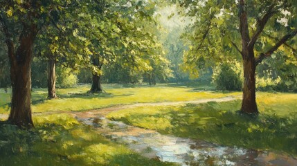 Obraz premium Oil painting depicting a tranquil park scene featuring trees and a lush lawn following rainfall showcasing a serene outdoor atmosphere