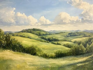 Obraz premium Oil painting depicting a serene rural landscape featuring rolling hills greenery and a tranquil atmosphere
