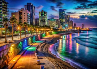 Obraz premium tel aviv beach urban graffiti street art modern architecture cityscape beachside promenade night lights neon colors bold contrast high ISO photography