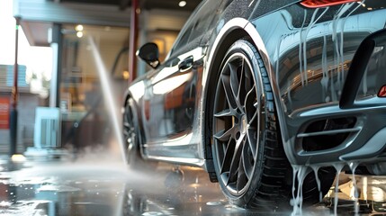 Obraz premium Luxury Sports Car Getting a Thorough Wash at a Car Wash Station