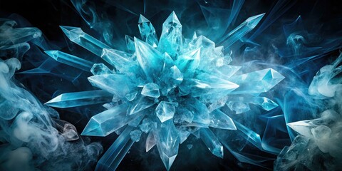 Naklejka premium frozen menthol shards exploding in a kaleidoscope of icy blues and whites against a dark moody background with hints of mysterious smoke