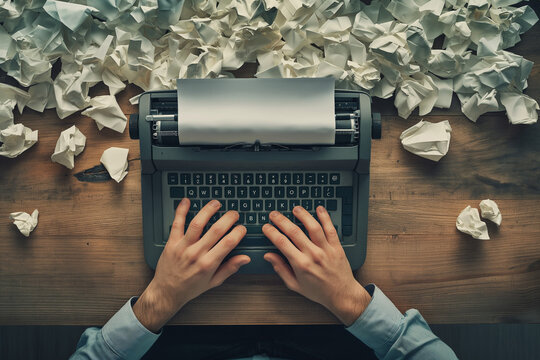 Frustrated Writer Typing on Vintage Typewriter with Crumpled Paper on Wooden Desk