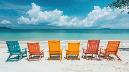 Colorful beach chairs on a tropical beach in Thailand.