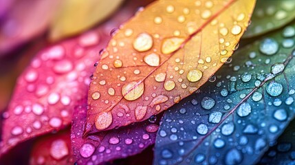 Colorful Rainbow Vibrant Autumn Leaves with Water Droplets Close-Up