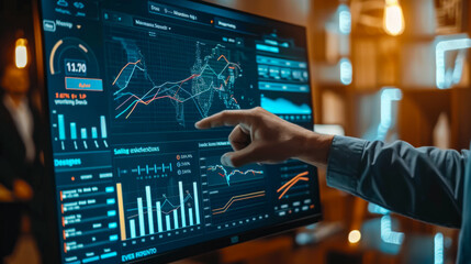 Business finance data analysis chart. Close-up of a hand touching a virtual technology screen. Financial management technology.