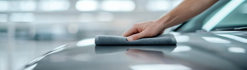 Obraz premium A person carefully cleaning a car surface with a microfiber cloth, showcasing attention to detail in auto care and maintenance.