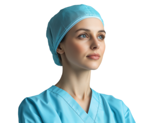 friendly woman physician in scrubs and surgical cap, nurse and medical professional