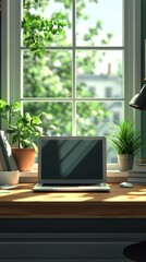 Fototapeta premium Cozy home Office Concept Showcasing Minimalist Style: A work Desk with computer, Documents, green plants and Well-Lit Interior. graphic Resources, Illustration, 