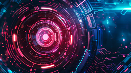 Obraz premium A colorful, glowing, and abstract image of a circle. The image has a futuristic and technological vibe, with a mix of red, blue, and purple colors.