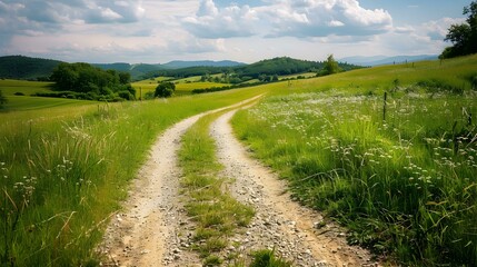 Fototapeta premium Winding Country Road Through Lush Green Meadow